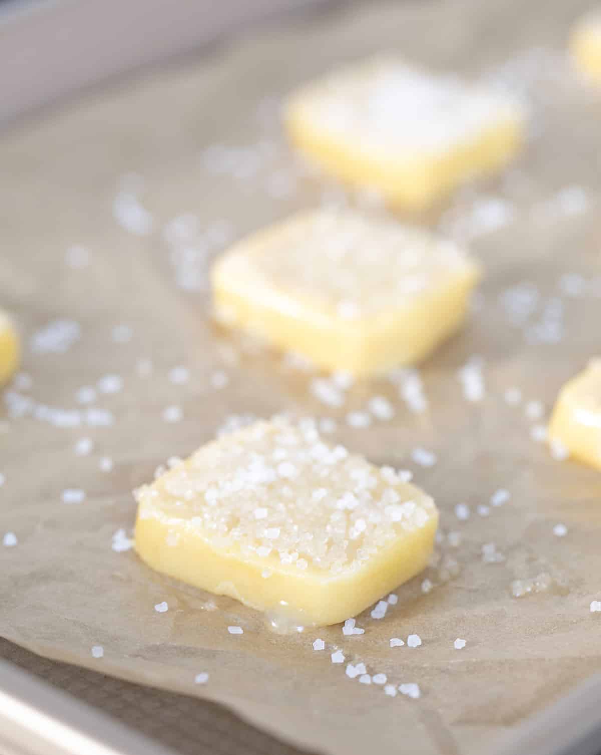 Raw sliced gluten free butter cookies on a tray.