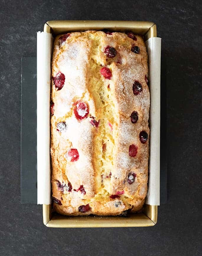 Overhead image of just baked gluten free cranberry cornbread