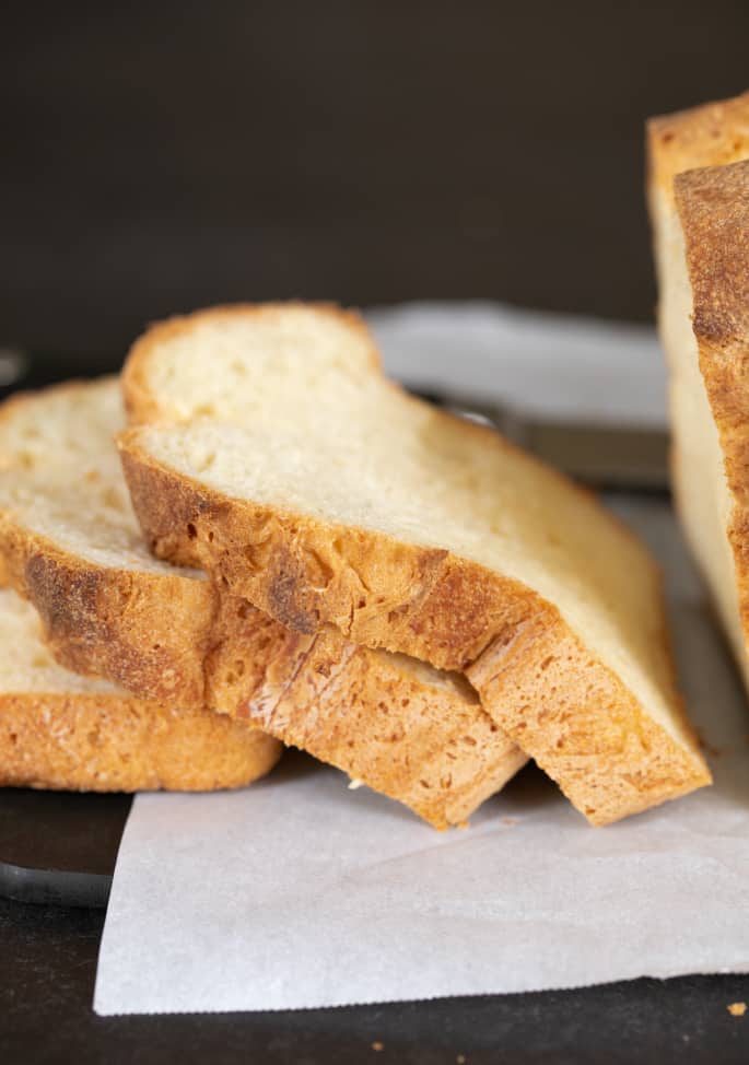 Tom's gluten free sandwich bread showing slices from the side. 