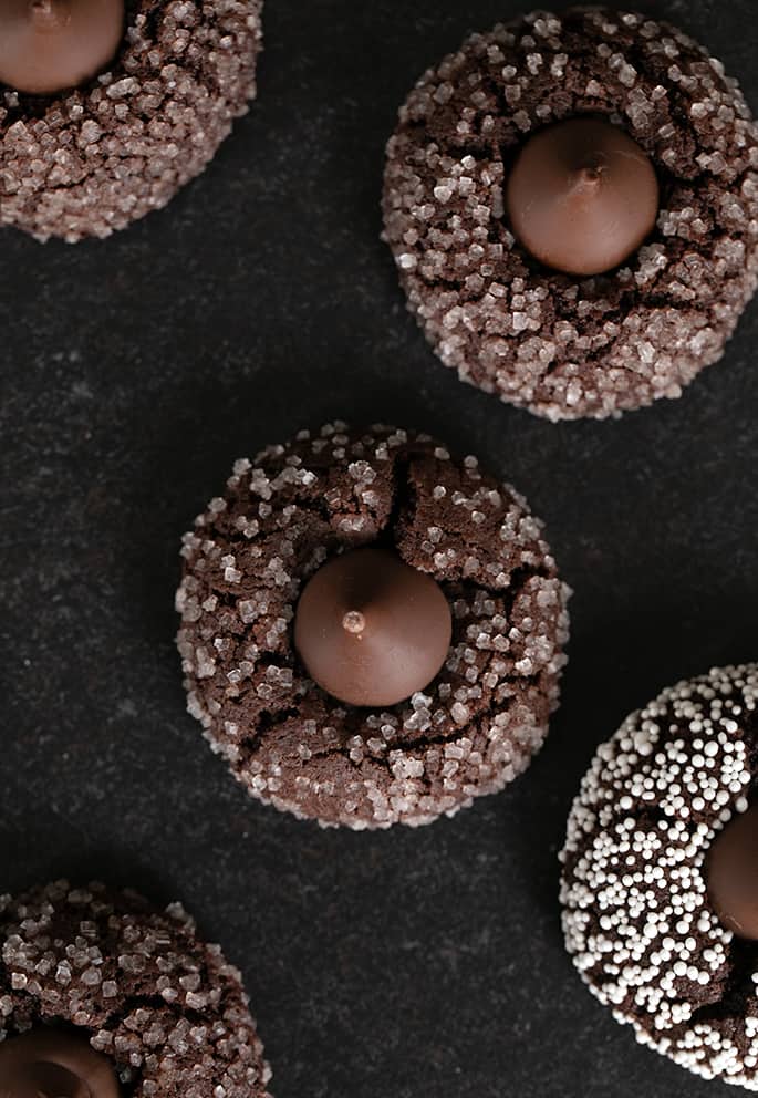 Overhead image of a few gluten free chocolate kiss cookies.