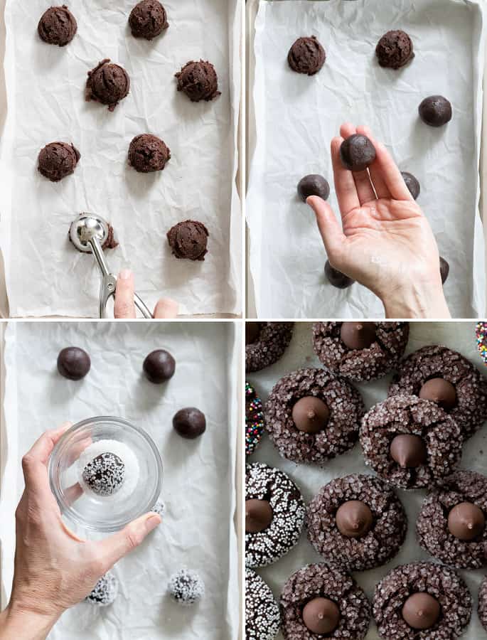 Image collage showing step by step how to make gluten free chocolate kiss cookies.