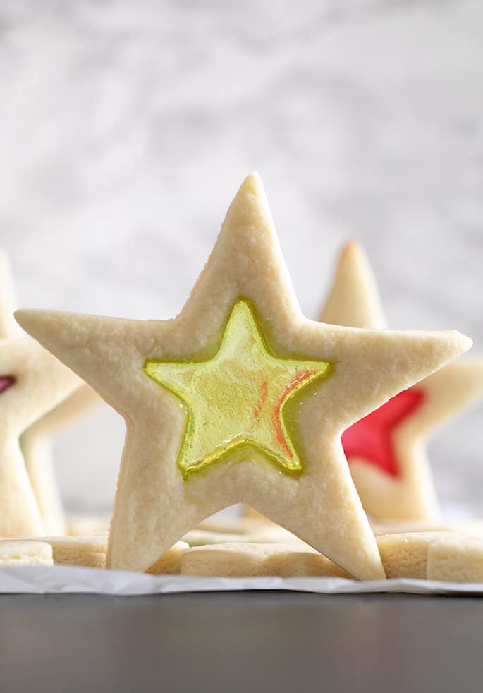 Image of one stained glass sugar cookie standing up