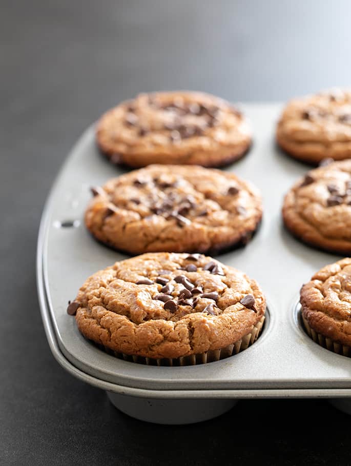 Flourless peanut butter muffins, made with no flour, no banana, and no dairy, pictured in the muffin tin, just out of the oven.