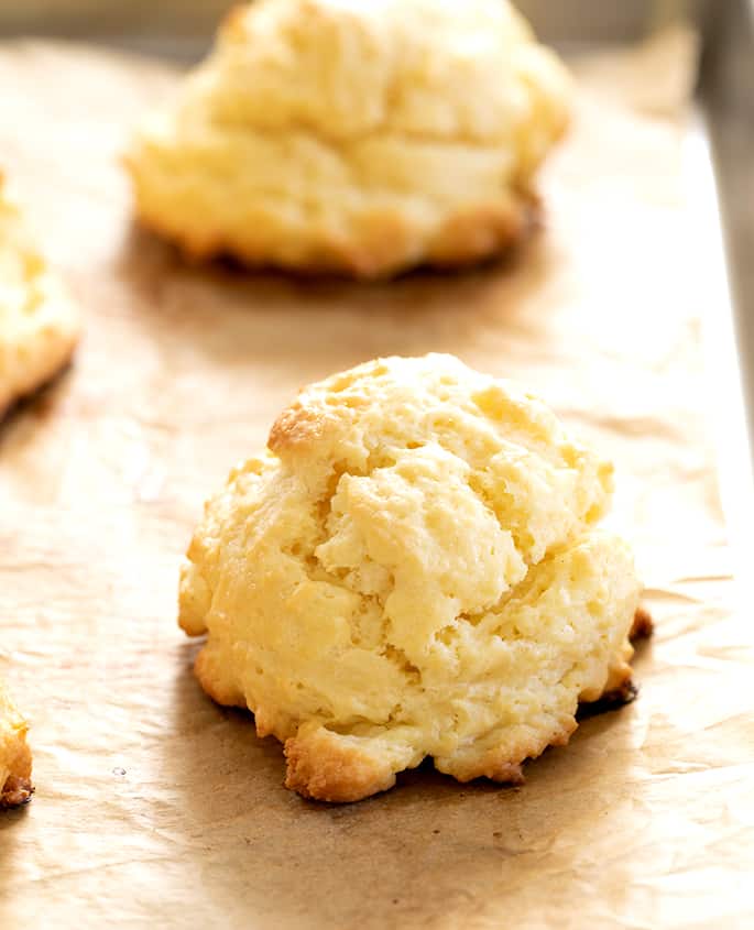 Closeup image of gluten free cream biscuits showing crisp outside.