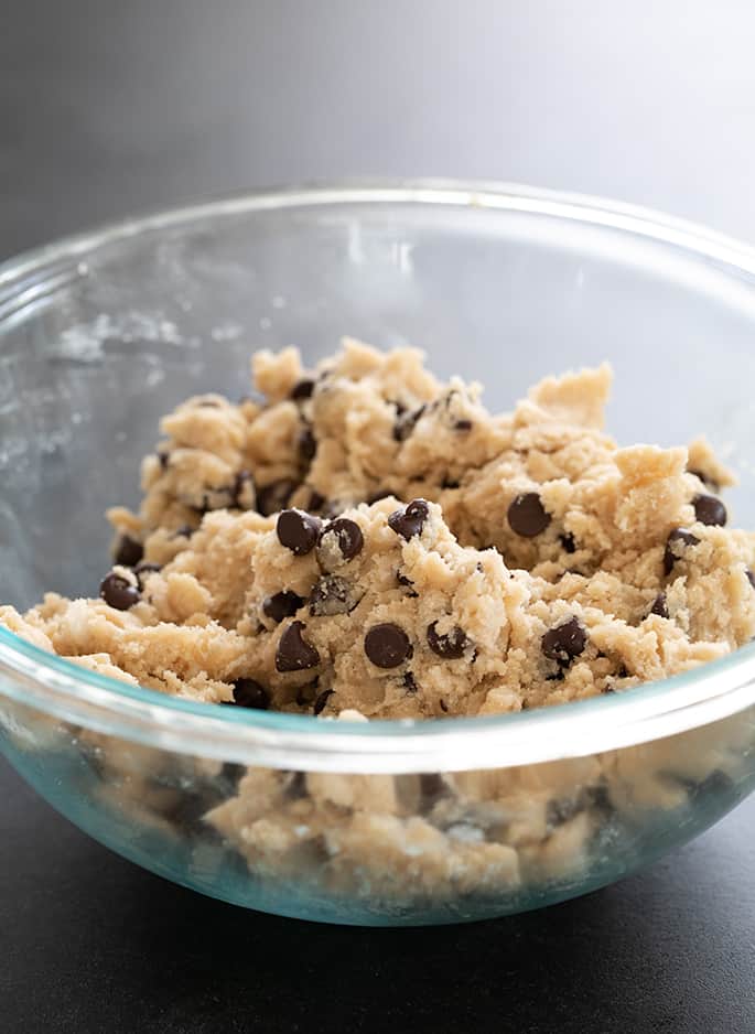 Raw cookie dough for vegan gluten free chocolate chip cookies.