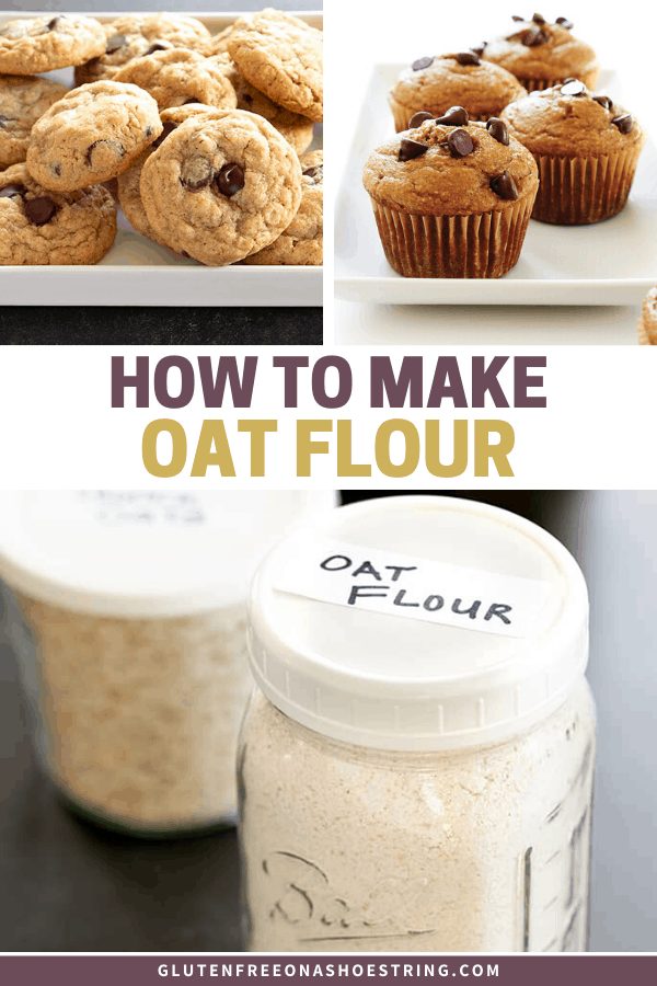 Image of homemade oat flour in jar and cookies and muffins made with oat flour.