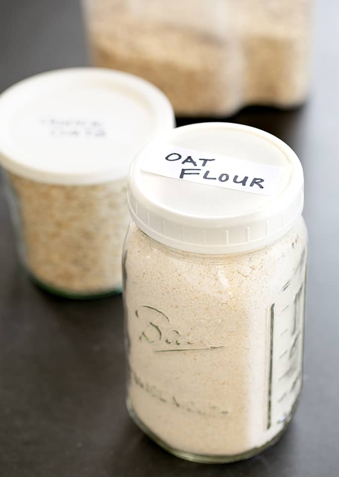 Image of homemade oat flour and quick oats made from rolled oats.