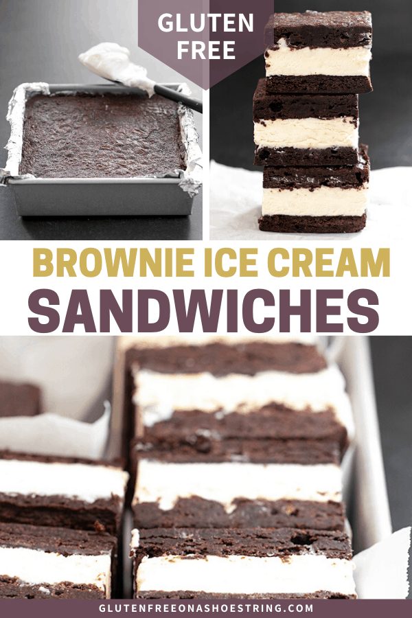 Brownie ice cream sandwiches uncut in the pan, cut in the pan, and in a stack of 3