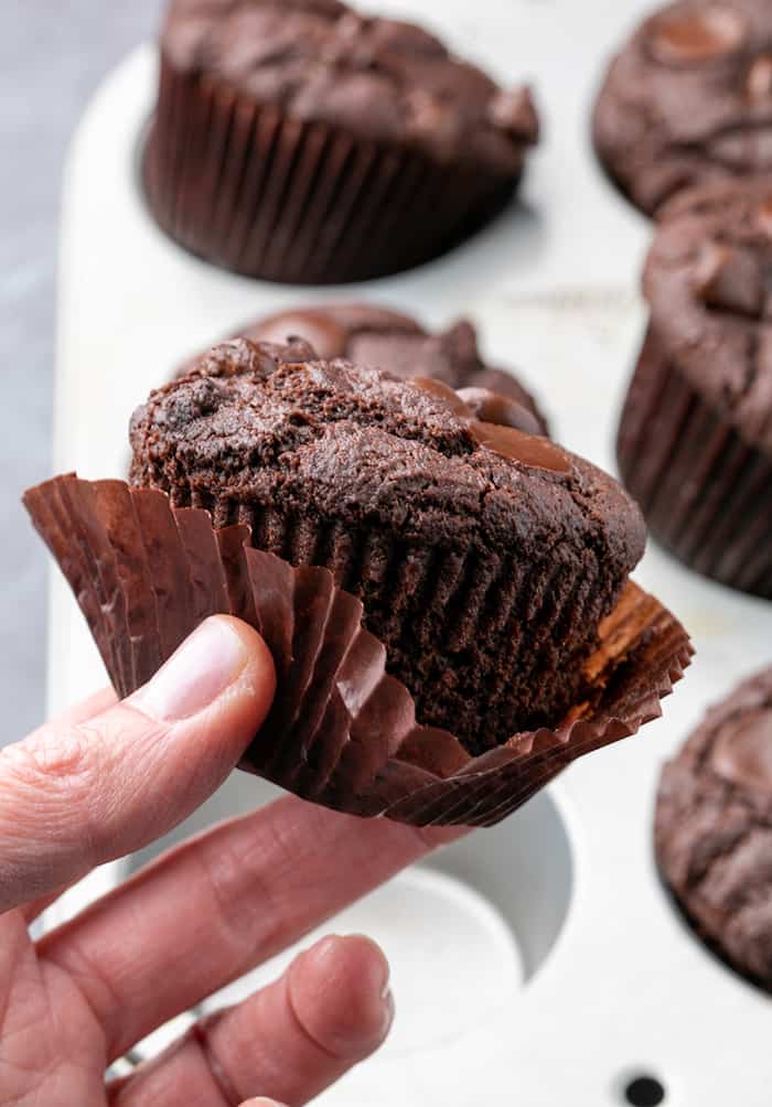 Fingers holding chocolate muffin with liner peeled down