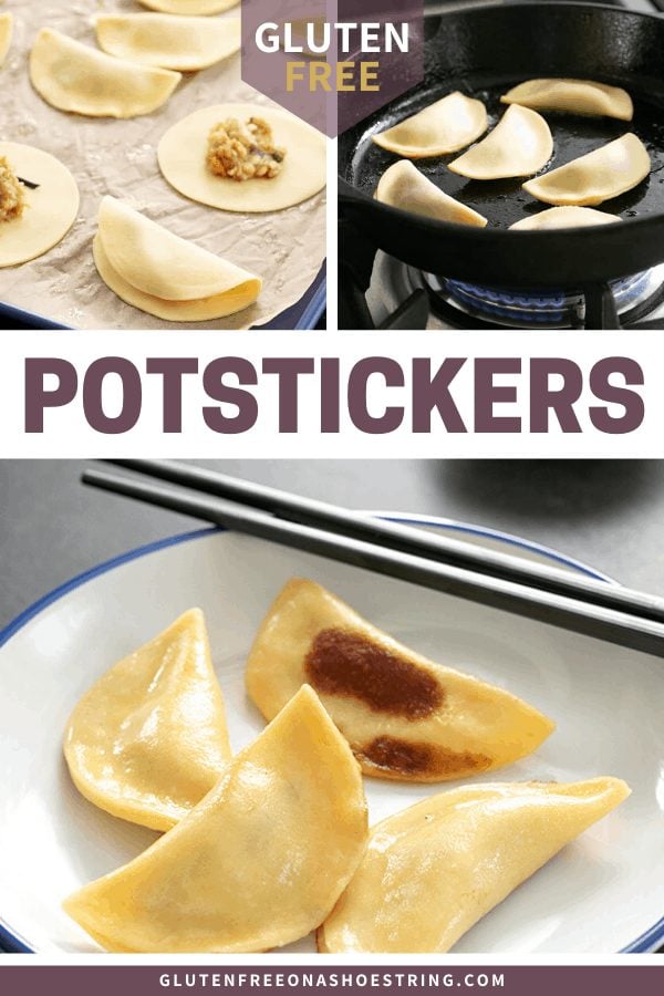 Gluten free potstickers being wrapped, sauteed, and served