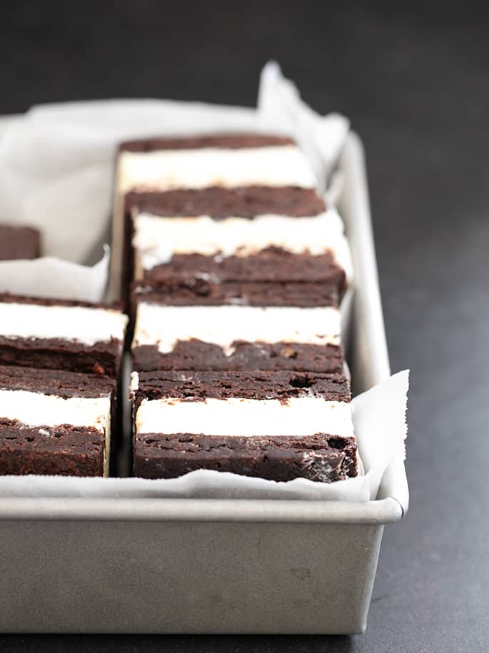 Brownie Ice Cream Sandwiches Lined Up In Pan 