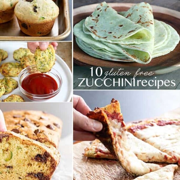 Composite image of tortillas, pizza, tots, bread, and muffins made with zucchini