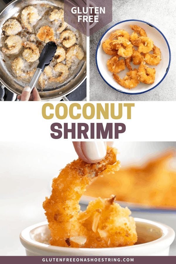 Coconut shrimp frying in oil in a skillet, fried on a plate, and being dipped in a ramekin of sauce