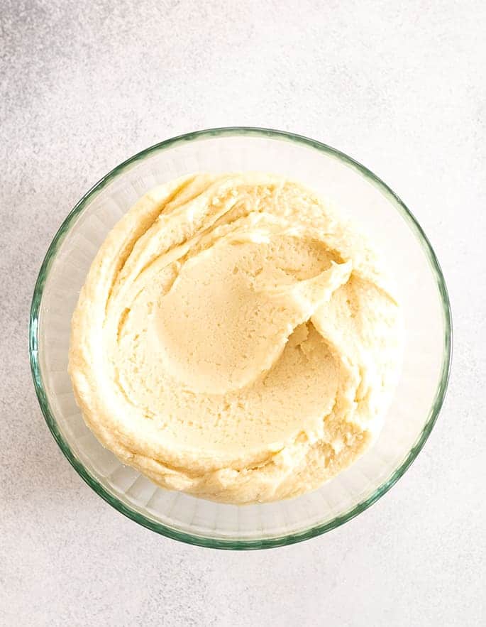 Overhead image of sugar cookie dough in a bowl