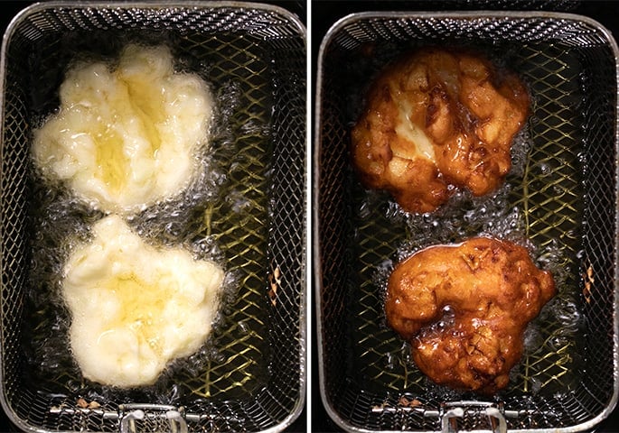 Apple fritters in frying oil, raw and fried