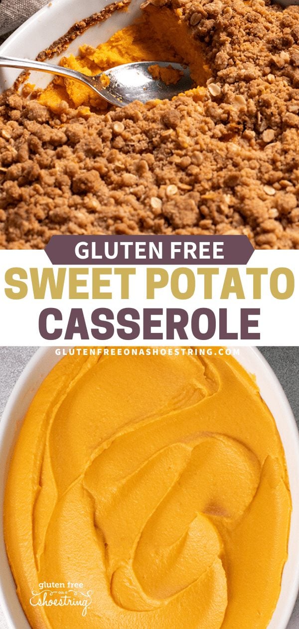 Sweet Potato Casserole baked with a spoonful missing; image of sweet potato puree filling in dish