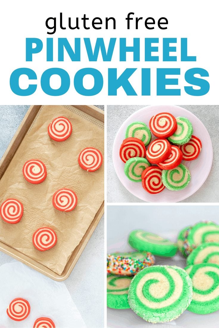 Celebration pinwheel cookies raw on baking sheet, overhead baked, and closeup of baked cookies