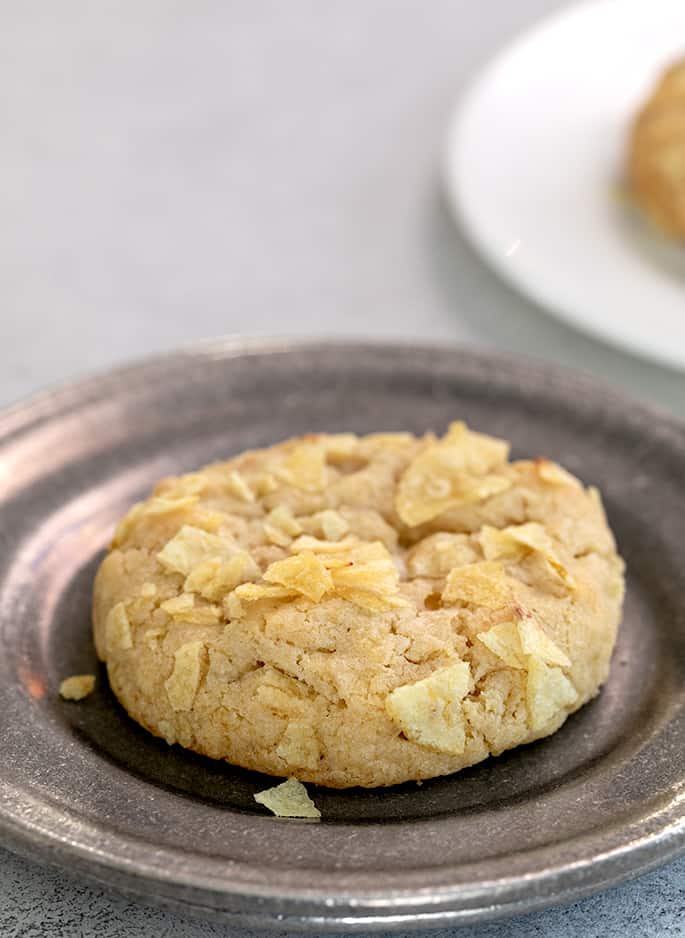 Closeup image of potato chip cookie on small plate