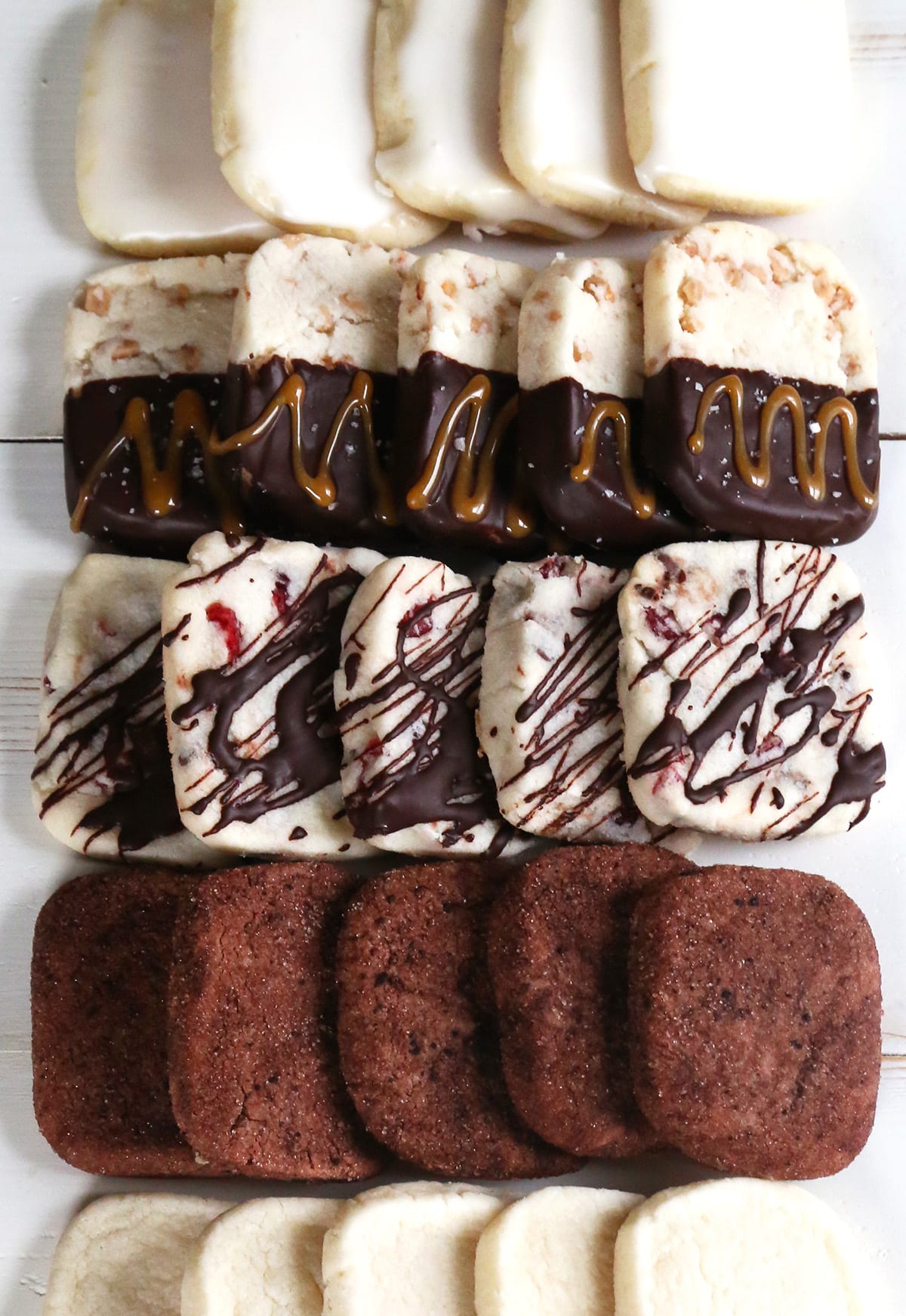 Gluten Free Shortbread Cookies 5 Ways: lemon glazed, toffee caramel, berry chocolate chip, mocha and plain