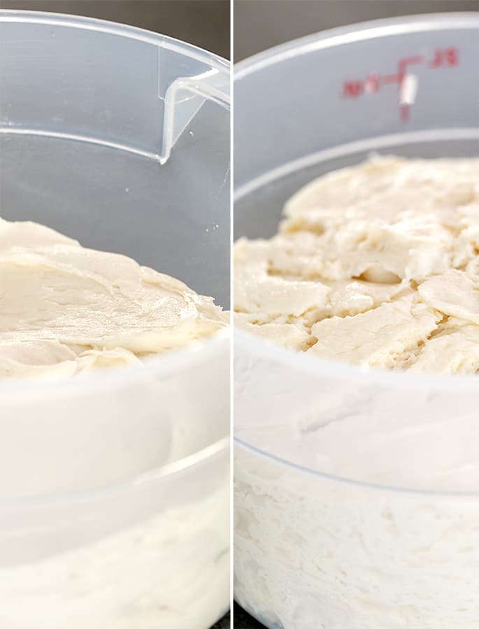 Side by side images of raw focaccia dough in buckets unrisen and risen