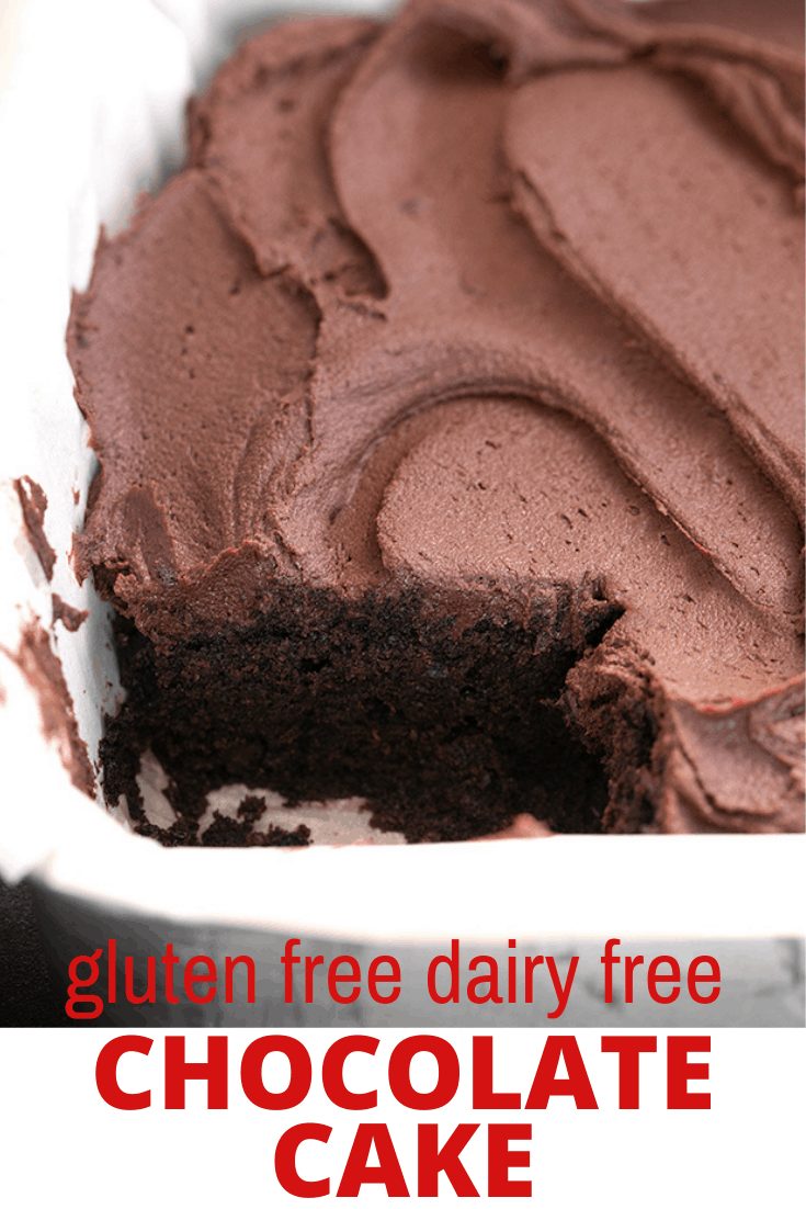 Words Gluten free dairy free chocolate cake on cake in pan with piece missing