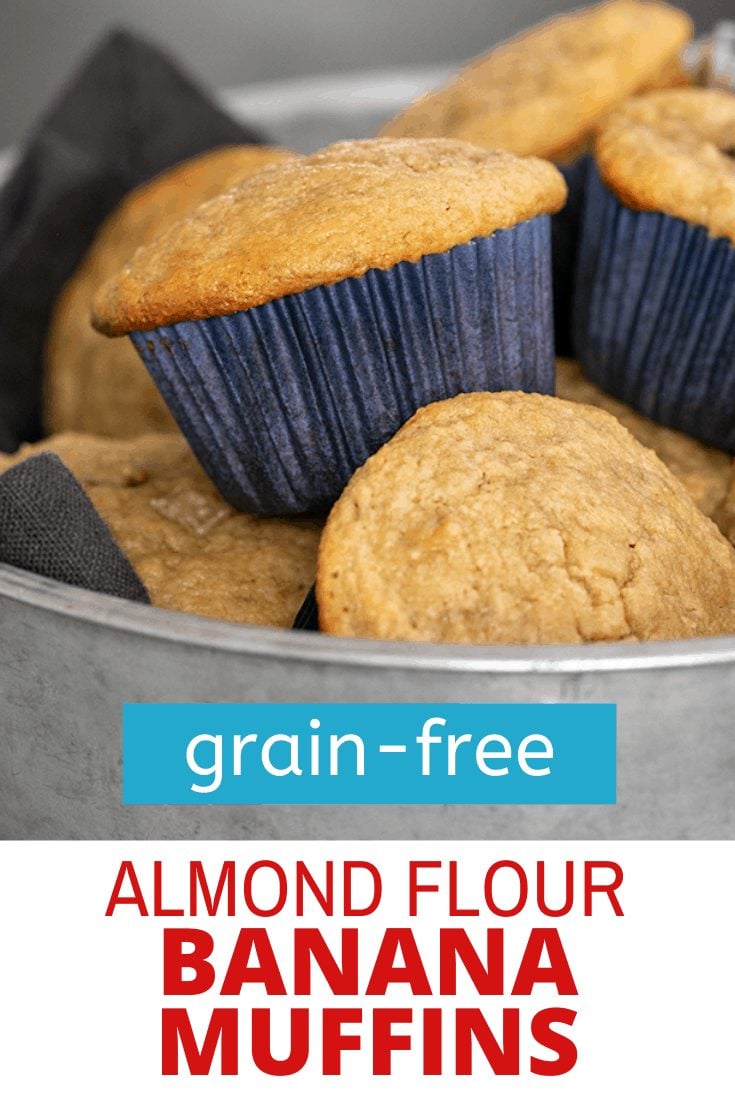 Words grain-free almond flour banana muffins on image of muffins in round metal tin