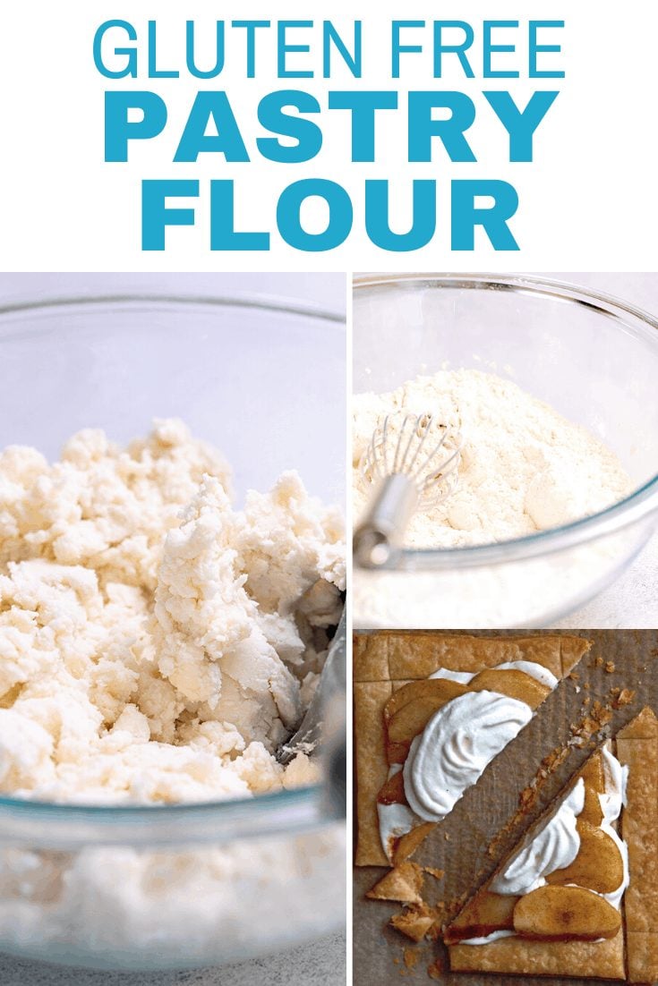 Words gluten free pastry flour with images with pastry dough in a bowl, pastry flour in a bowl and an apple pastry tart