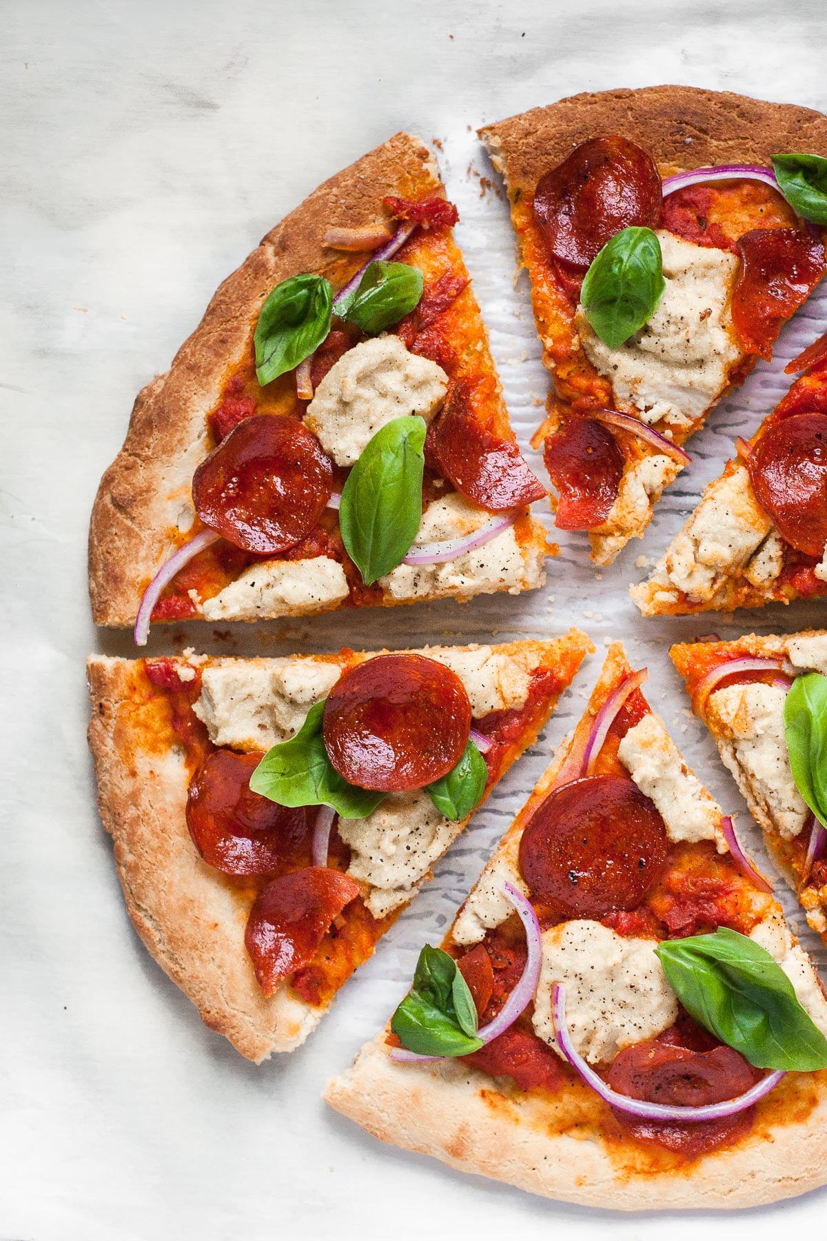 Overhead image of Paleo pizza slices