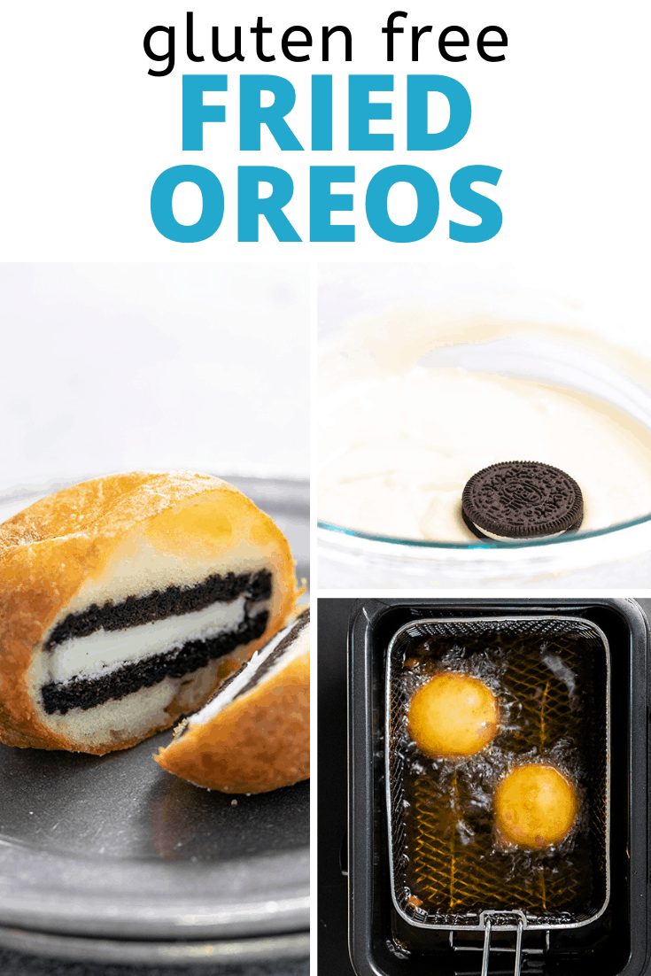 Words gluten free fried Oreos with fried Oreo cut in half on small plate, cookie in pancake batter in bowl, and Oreos frying in oil