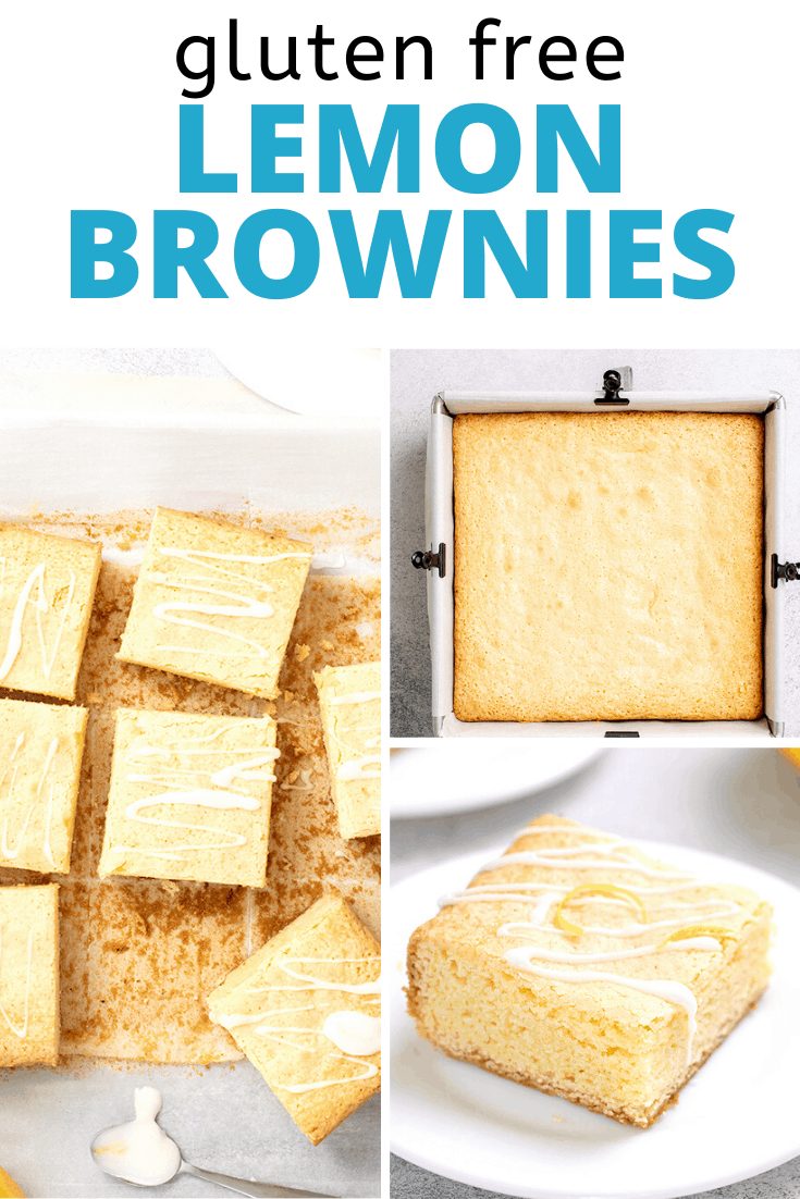 Words gluten free lemon brownies with images of uncut lemon brownies in square pan, glazed lemon brownies cut on paper, and one lemon brownie with glaze on small white plate