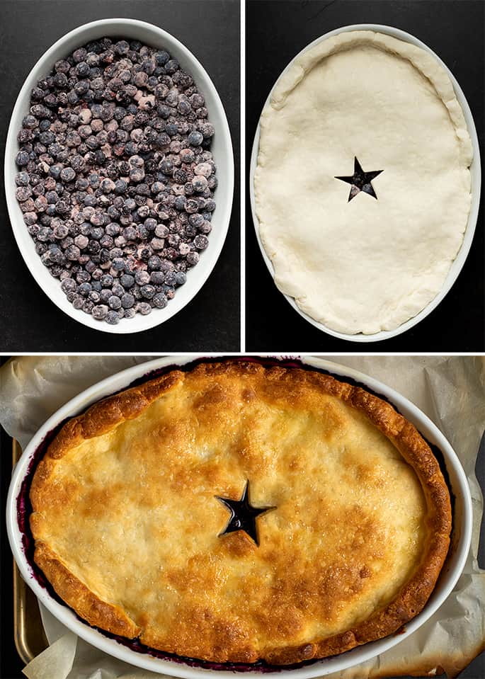 Collage image of raw blueberry filling in oval dish, pie crust with star cutout on oval dish, and baked blueberry cobbler in oval dish