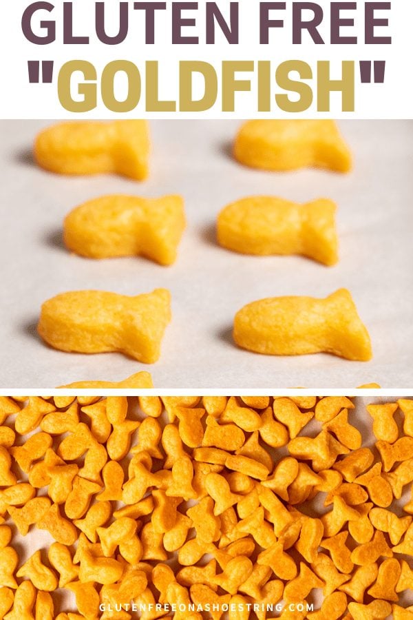 Words Gluten Free "Goldfish" with image of baked crackers on white paper and in a big bunch on a tray