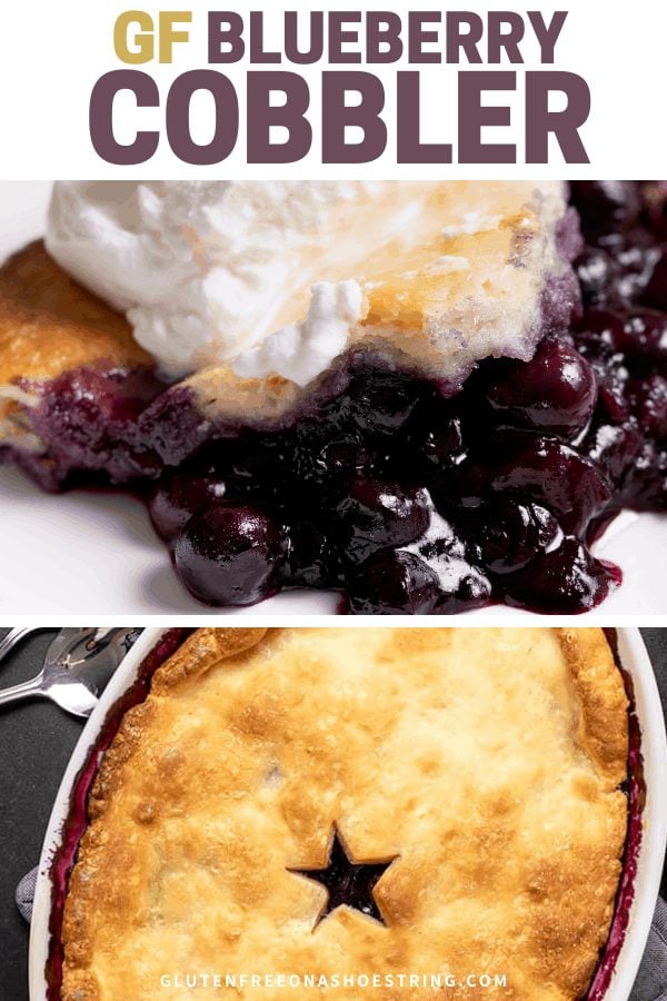 Words gf Blueberry Cobbler with closeup of blueberry filling and some pie crust on top with an overhead image of the baked pie in a white oval dish