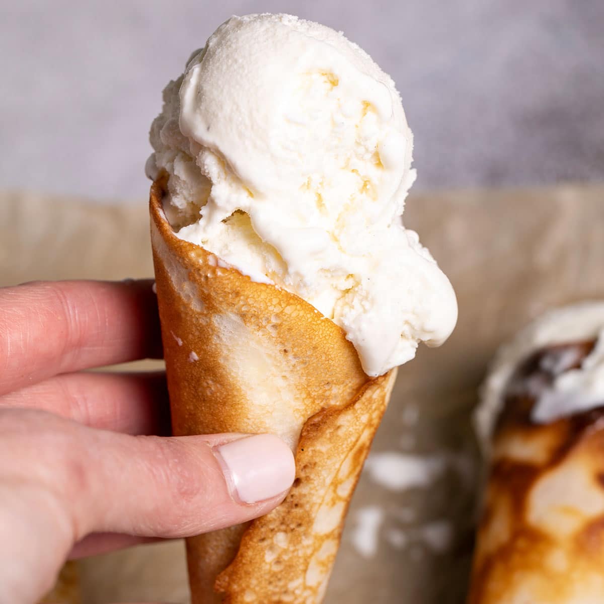 gluten free ice cream cones with vanilla ice cream