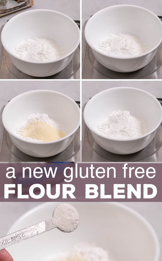 words a new gluten free flour blend on top of 4 bowls with different flours added and a half teaspoon of powder