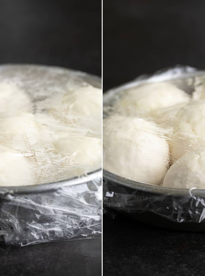 Side by side images of rising rolls and risen rolls both in the same metal pan and covered in plastic wrap