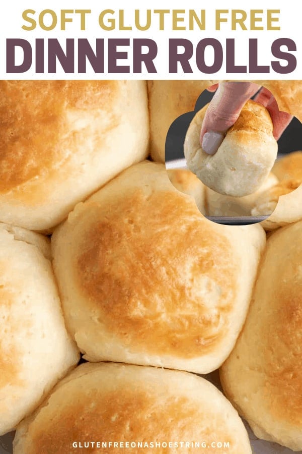 Words soft gluten free dinner rolls with overhead photo of clustered baked dinner rolls and a superimposed image of fingers squeezing a dinner roll