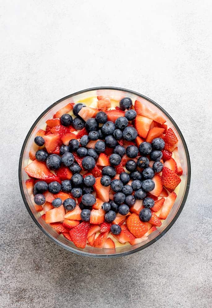 Overhead image of blueberries and chopped strawberries in a glass bowl on gray surface