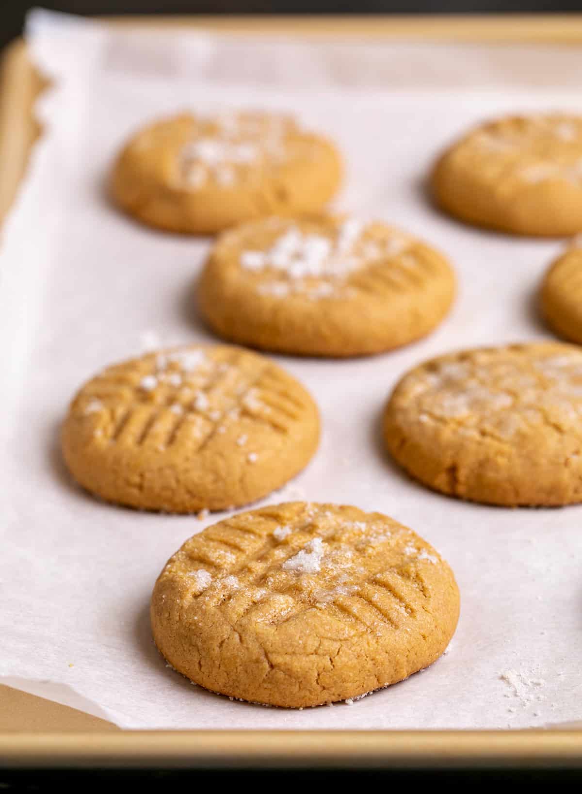 Baked peanut butter cookies on white paper on gold rimmed baking sheet