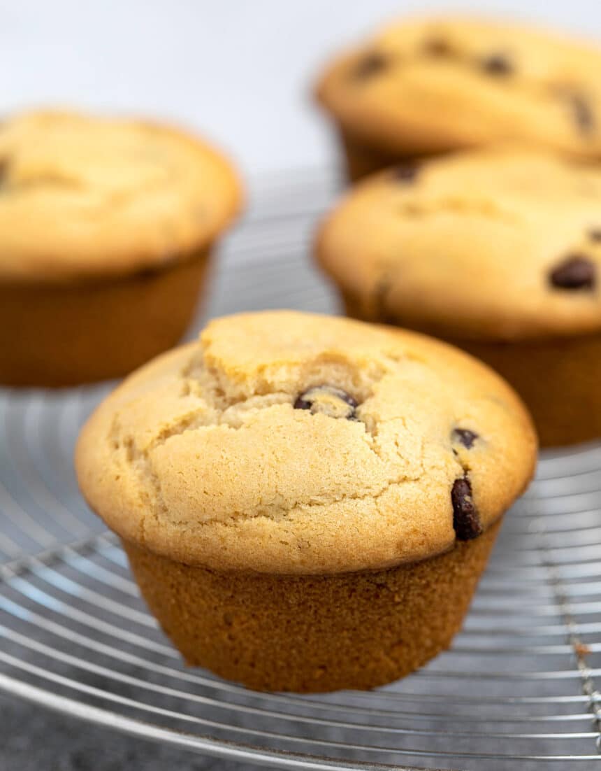 4 chocolate chip muffins on round wire rack