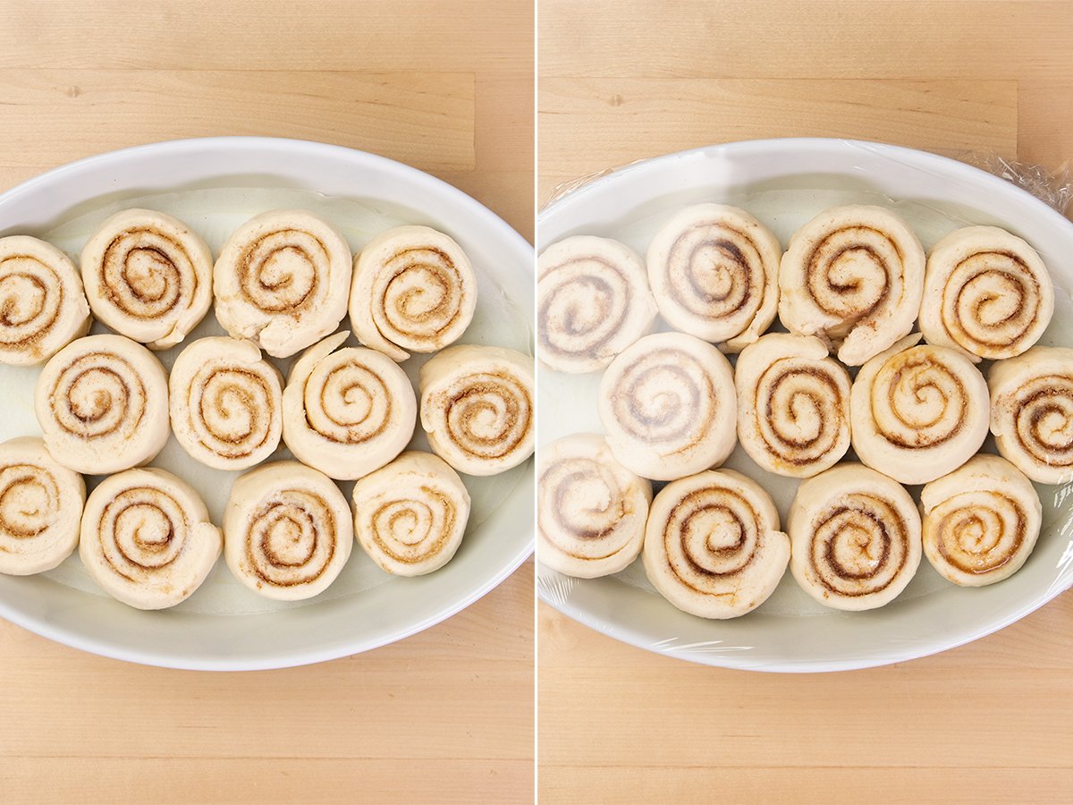 Cut rolls into the greased baking dish.