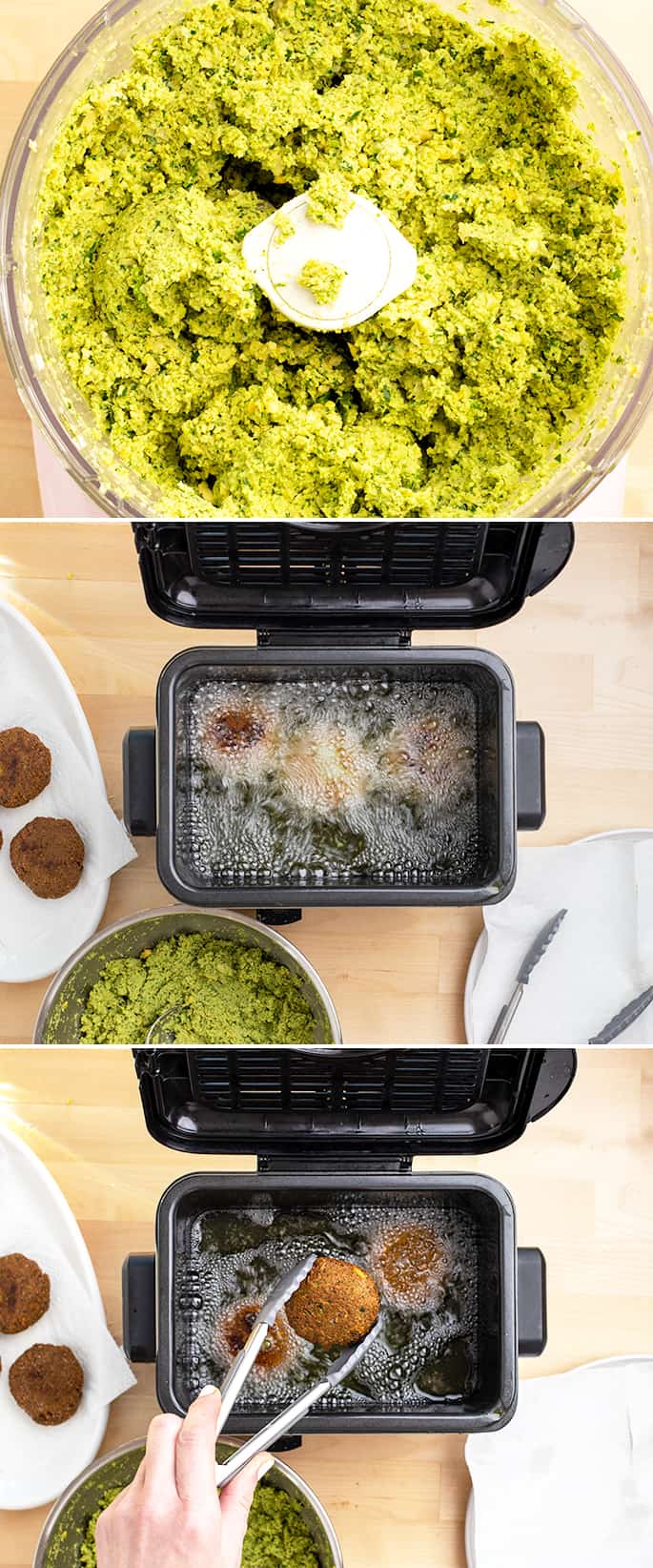 Raw falafel dough in a food processor, falafel frying in oil, and being lifted from frying oil