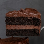 closeup image of slice of quinoa chocolate layer cake