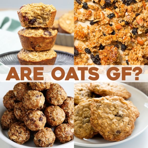 composite of 4 images of oats in oatmeal cups, granola, protein bars and cookies with words "are oats gf?"