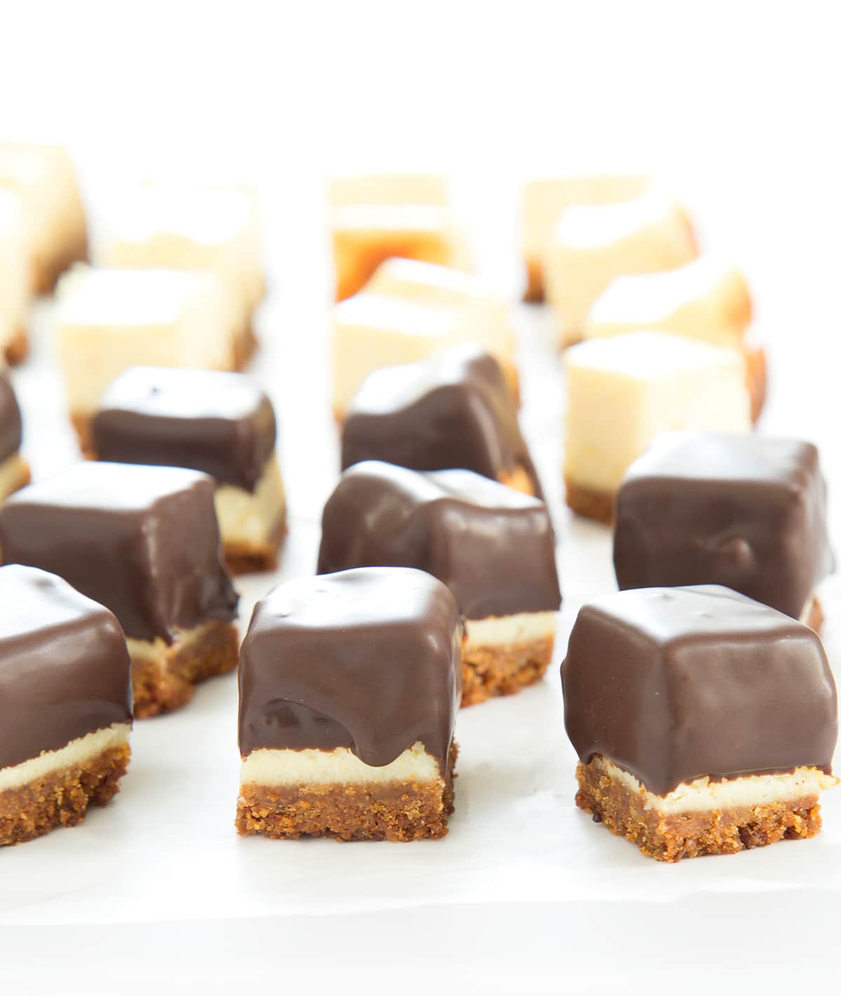 Squares of cheesecake half with chocolate coating and half without