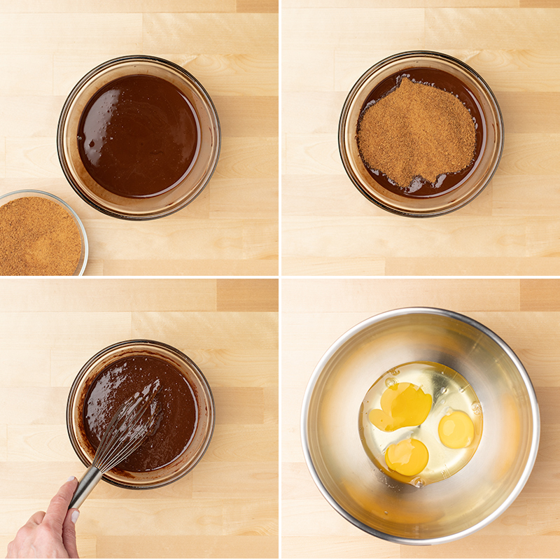 melted chocolate and oil in mixing bowl, same bowl with coconut sugar added, then 3 eggs in a large mixing bowl