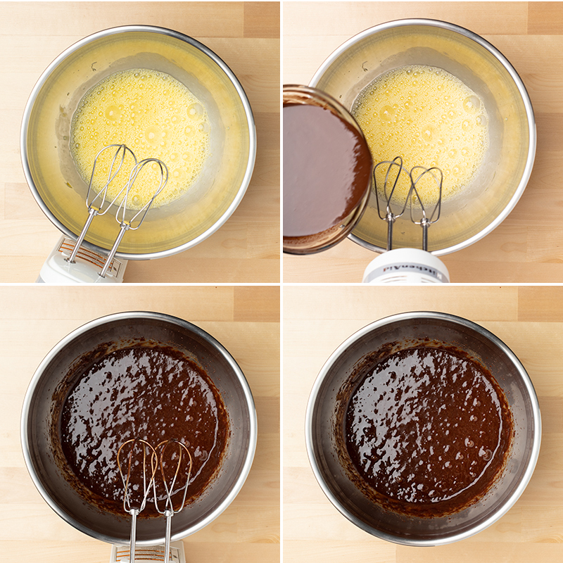 mixing bowl with beaten eggs, pouring in melted chocolate, beating melted chocolate into eggs with handheld mixer