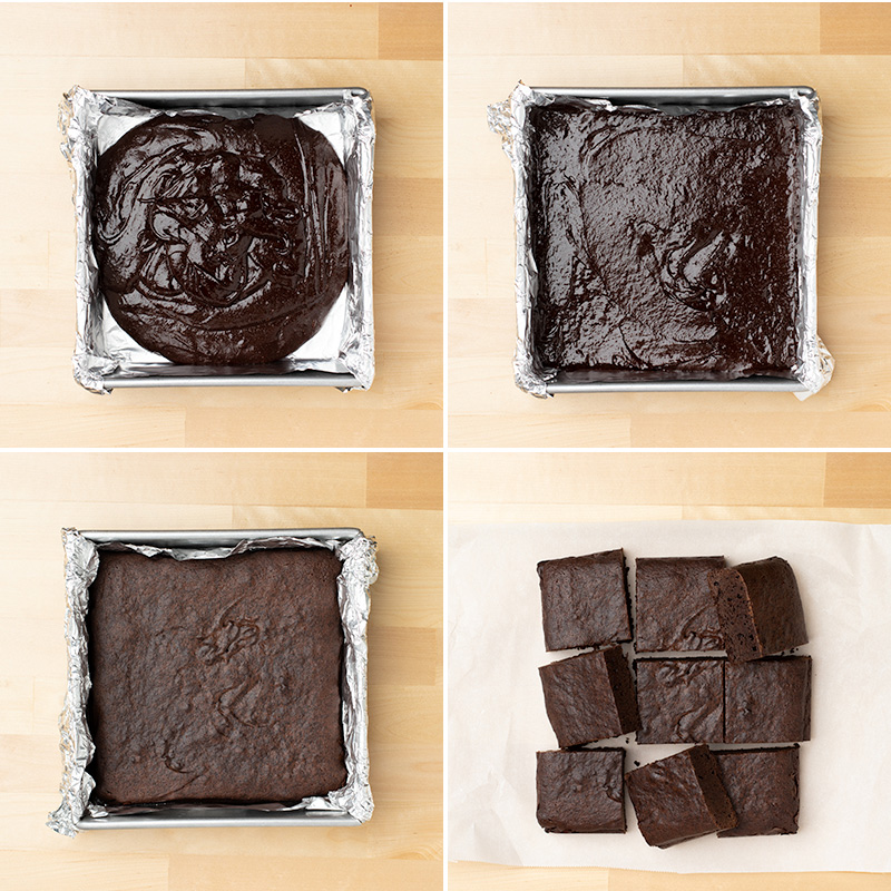 brownie batter in foil-lined square metal baking pan, spread out, then baked and brownies sliced on white paper