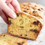 fingers picking up slice of zucchini bread