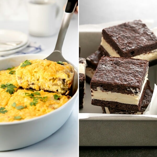 Yellow casserole in white casserole dish on spatula, white ice cream between brown cake in square pan